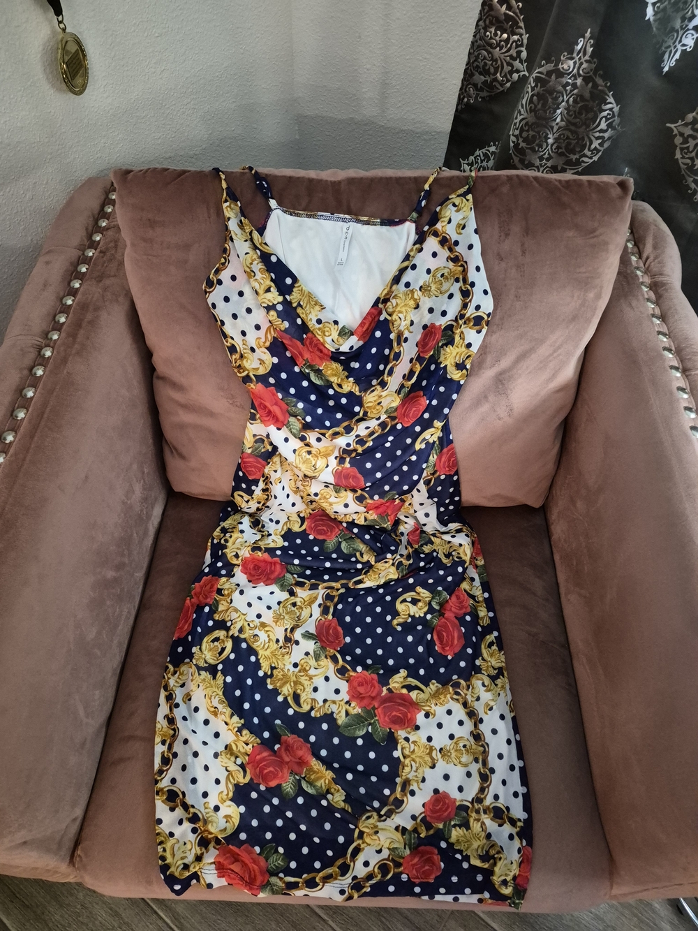 DNA couture Navy Floral Chain Print Mini Dress with Red Roses